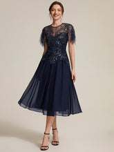 Load image into Gallery viewer, Navy Blue | Wholesale Plus Size Short Ruffle-Sleeve Tulle A-Line Round-Neck Wedding Guest Dresses-Navy Blue