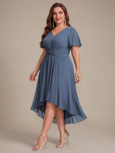 Load image into Gallery viewer, Dusty Blue | Commercial Wholesale Short Sleeve Ruffle V-Neck A-Line High-Low Wedding Guest Dresses