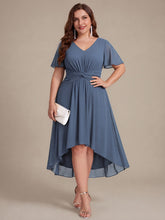 Load image into Gallery viewer, Dusty Blue | Commercial Wholesale Short Sleeve Ruffle V-Neck A-Line High-Low Wedding Guest Dresses