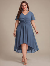 Load image into Gallery viewer, Dusty Blue | Commercial Wholesale Short Sleeve Ruffle V-Neck A-Line High-Low Wedding Guest Dresses