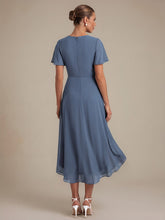 Load image into Gallery viewer, Dusty Blue | Commercial Wholesale Short Sleeve Ruffle V-Neck A-Line High-Low Wedding Guest Dresses