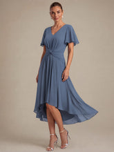 Load image into Gallery viewer, Dusty Blue | Commercial Wholesale Short Sleeve Ruffle V-Neck A-Line High-Low Wedding Guest Dresses