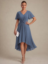 Load image into Gallery viewer, Dusty Blue | Commercial Wholesale Short Sleeve Ruffle V-Neck A-Line High-Low Wedding Guest Dresses