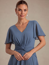 Load image into Gallery viewer, Dusty Blue | Commercial Wholesale Short Sleeve Ruffle V-Neck A-Line High-Low Wedding Guest Dresses