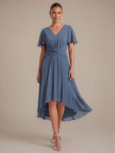 Load image into Gallery viewer, Dusty Blue | Commercial Wholesale Short Sleeve Ruffle V-Neck A-Line High-Low Wedding Guest Dresses
