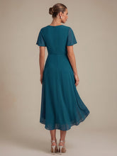 Load image into Gallery viewer, Teal Blue | Commercial Wholesale Short Sleeve Ruffle V-Neck A-Line High-Low Wedding Guest Dresses