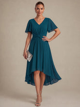 Load image into Gallery viewer, Teal Blue | Commercial Wholesale Short Sleeve Ruffle V-Neck A-Line High-Low Wedding Guest Dresses