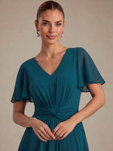 Load image into Gallery viewer, Teal Blue | Commercial Wholesale Short Sleeve Ruffle V-Neck A-Line High-Low Wedding Guest Dresses