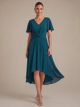 Load image into Gallery viewer, Teal Blue | Commercial Wholesale Short Sleeve Ruffle V-Neck A-Line High-Low Wedding Guest Dresses