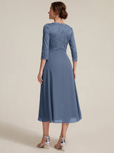 Load image into Gallery viewer, Dusty Blue | One Stop Shop Three-Quarter Sleeve V-Neck Sheath Lace Trim Midi Wedding Guest Dresses-Dusty Blue