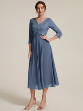 Load image into Gallery viewer, Dusty Blue | One Stop Shop Three-Quarter Sleeve V-Neck Sheath Lace Trim Midi Wedding Guest Dresses-Dusty Blue