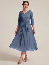 Load image into Gallery viewer, Dusty Blue | One Stop Shop Three-Quarter Sleeve V-Neck Sheath Lace Trim Midi Wedding Guest Dresses-Dusty Blue