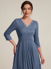 Load image into Gallery viewer, Dusty Blue | One Stop Shop Three-Quarter Sleeve V-Neck Sheath Lace Trim Midi Wedding Guest Dresses-Dusty Blue