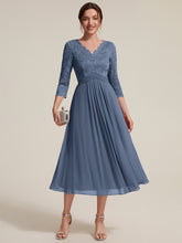 Load image into Gallery viewer, Dusty Blue | One Stop Shop Three-Quarter Sleeve V-Neck Sheath Lace Trim Midi Wedding Guest Dresses-Dusty Blue