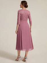 Load image into Gallery viewer, Purple Orchid | One Stop Shop Three-Quarter Sleeve V-Neck Sheath Lace Trim Midi Wedding Guest Dresses-Purple Orchid