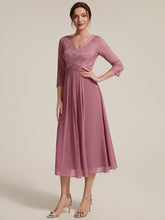 Load image into Gallery viewer, Purple Orchid | One Stop Shop Three-Quarter Sleeve V-Neck Sheath Lace Trim Midi Wedding Guest Dresses-Purple Orchid
