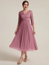 Load image into Gallery viewer, Purple Orchid | One Stop Shop Three-Quarter Sleeve V-Neck Sheath Lace Trim Midi Wedding Guest Dresses-Purple Orchid