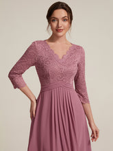 Load image into Gallery viewer, Purple Orchid | One Stop Shop Three-Quarter Sleeve V-Neck Sheath Lace Trim Midi Wedding Guest Dresses-Purple Orchid