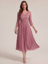 Load image into Gallery viewer, Purple Orchid | One Stop Shop Three-Quarter Sleeve V-Neck Sheath Lace Trim Midi Wedding Guest Dresses-Purple Orchid