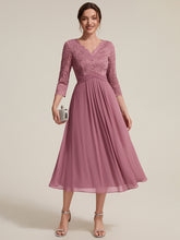 Load image into Gallery viewer, Purple Orchid | One Stop Shop Three-Quarter Sleeve V-Neck Sheath Lace Trim Midi Wedding Guest Dresses-Purple Orchid