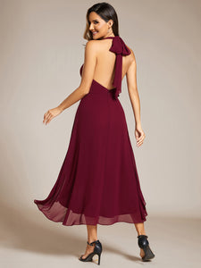 Color=Burgundy | Elegant Halter A-Line Midi Length Backless Wedding Guest Dress-Burgundy 2