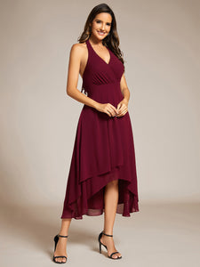 Color=Burgundy | Elegant Halter A-Line Midi Length Backless Wedding Guest Dress-Burgundy 3