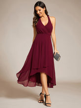 Load image into Gallery viewer, Color=Burgundy | Elegant Halter A-Line Midi Length Backless Wedding Guest Dress-Burgundy 4