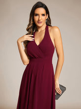 Load image into Gallery viewer, Color=Burgundy | Elegant Halter A-Line Midi Length Backless Wedding Guest Dress-Burgundy 5