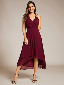 Color=Burgundy | Elegant Halter A-Line Midi Length Backless Wedding Guest Dress-Burgundy 1