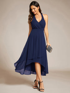 Color=Navy Blue | Elegant Halter A-Line Midi Length Backless Wedding Guest Dress-Navy Blue 11