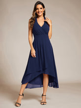 Load image into Gallery viewer, Color=Navy Blue | Elegant Halter A-Line Midi Length Backless Wedding Guest Dress-Navy Blue 8