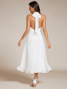 Color=White | Elegant Halter A-Line Midi Length Backless Wedding Guest Dress-White 