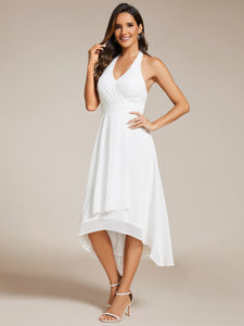 Color=White | Elegant Halter A-Line Midi Length Backless Wedding Guest Dress-White 