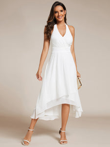 Color=White | Elegant Halter A-Line Midi Length Backless Wedding Guest Dress-White 