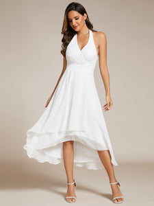 Color=White | Elegant Halter A-Line Midi Length Backless Wedding Guest Dress-White 15