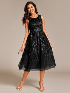 Color=Black | Exquisite Round Neckline Sleeveless Tulle Sequin Lining Dresses with Jacquard decoration -Black 19