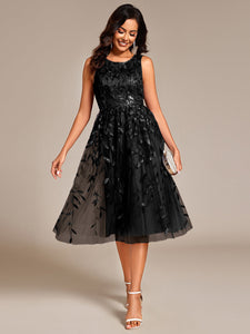 Color=Black | Exquisite Round Neckline Sleeveless Tulle Sequin Lining Dresses with Jacquard decoration -Black 17