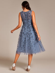 Color= | Exquisite Round Neckline Sleeveless Tulle Sequin Lining Dresses with Jacquard decoration -Dusty Navy 23