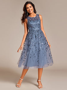 Color= | Exquisite Round Neckline Sleeveless Tulle Sequin Lining Dresses with Jacquard decoration -Dusty Navy 24