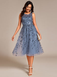 Color= | Exquisite Round Neckline Sleeveless Tulle Sequin Lining Dresses with Jacquard decoration -Dusty Navy 22