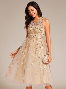 Color=Gold | Exquisite Round Neckline Sleeveless Tulle Sequin Lining Dresses with Jacquard decoration -Gold 27