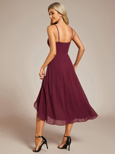 Color=Burgundy | Elegant A-Line Spaghetti Straps Empire Waist Asymmetrical Hem Chiffon Dresses with Pleated decoration-Burgundy 2