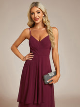 Load image into Gallery viewer, Color=Burgundy | Elegant A-Line Spaghetti Straps Empire Waist Asymmetrical Hem Chiffon Dresses with Pleated decoration-Burgundy 5