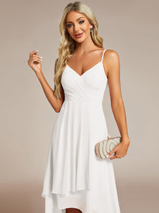 Color=White | Elegant A-Line Spaghetti Straps Empire Waist Asymmetrical Hem Chiffon Dresses with Pleated decoration-White 15