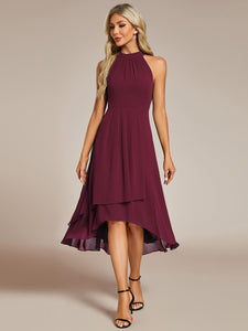 Color=Burgundy | Elegant Halter Neckline Asymmetric Midi Lining Length  fold stream Empire Waist Chiffon Dresses-Burgundy 3