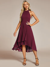 Load image into Gallery viewer, Color=Burgundy | Elegant Halter Neckline Asymmetric Midi Lining Length  fold stream Empire Waist Chiffon Dresses-Burgundy 4