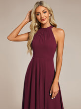 Load image into Gallery viewer, Color=Burgundy | Elegant Halter Neckline Asymmetric Midi Lining Length  fold stream Empire Waist Chiffon Dresses-Burgundy 5