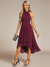 Load image into Gallery viewer, Color=Burgundy | Elegant Halter Neckline Asymmetric Midi Lining Length  fold stream Empire Waist Chiffon Dresses-Burgundy 1