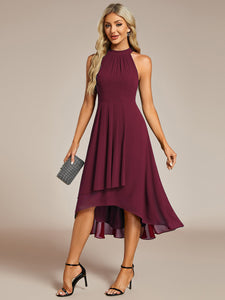 Color=Burgundy | Elegant Halter Neckline Asymmetric Midi Lining Length  fold stream Empire Waist Chiffon Dresses-Burgundy 1