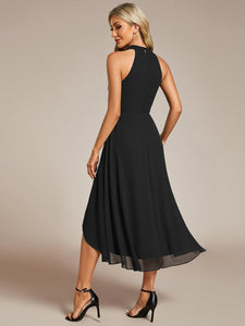 Color=Black | Elegant Halter Neckline Asymmetric Midi Lining Length  fold stream Empire Waist Chiffon Dresses-Black 7